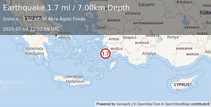 Earthquake DODECANESE IS.-TURKEY BORDER REG (1.7 ml) (2025-07-04 22:32:59 UTC)