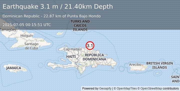 Earthquake DOMINICAN REPUBLIC REGION (3.1 m) (2025-07-05 00:15:51 UTC)