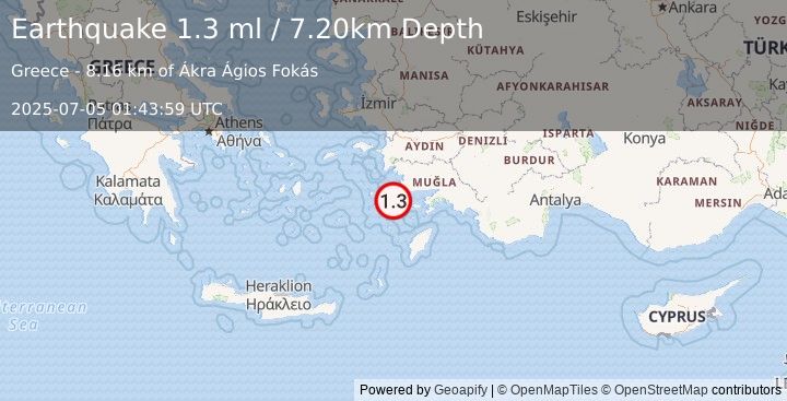 Earthquake DODECANESE IS.-TURKEY BORDER REG (1.3 ml) (2025-07-05 01:43:59 UTC)