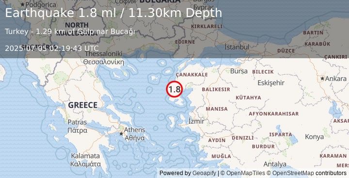 Earthquake NEAR THE COAST OF WESTERN TURKEY (1.8 ml) (2025-07-05 02:19:43 UTC)