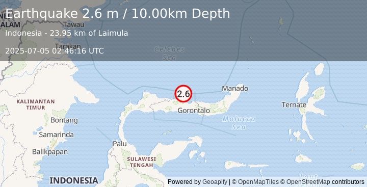 Earthquake MINAHASA, SULAWESI, INDONESIA (2.6 m) (2025-07-05 02:46:16 UTC)