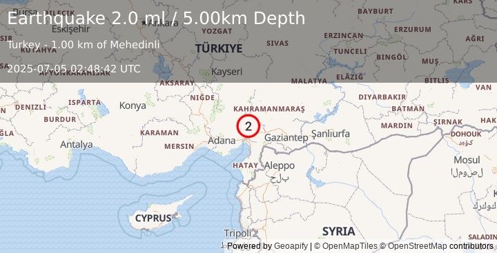 Earthquake CENTRAL TURKEY (2.0 ml) (2025-07-05 02:48:42 UTC)
