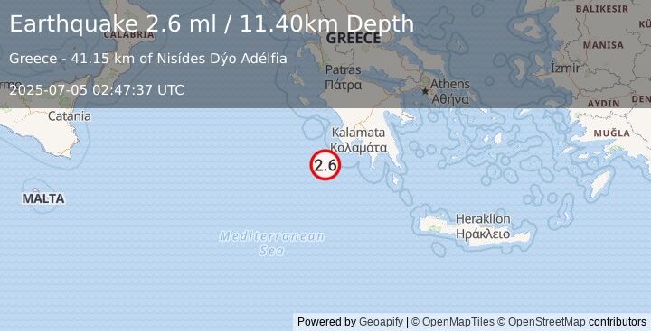 Earthquake SOUTHERN GREECE (2.6 ml) (2025-07-05 02:47:37 UTC)