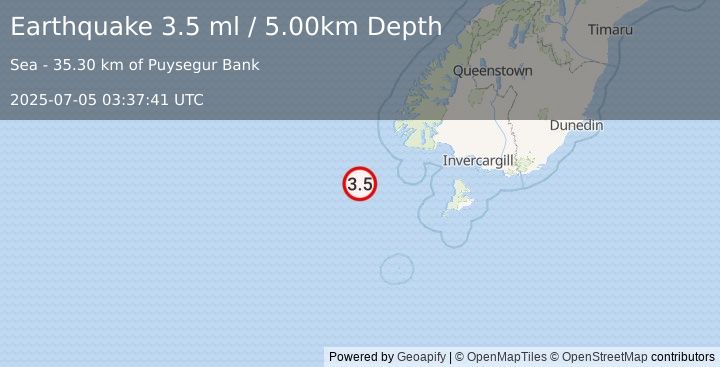 Earthquake OFF W. COAST OF S. ISLAND, N.Z. (3.5 ml) (2025-07-05 03:37:41 UTC)