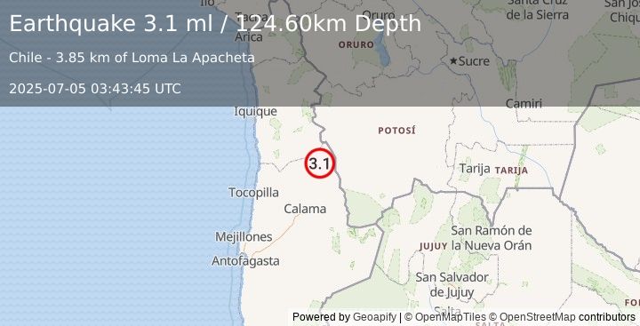 Earthquake ANTOFAGASTA, CHILE (3.1 ml) (2025-07-05 03:43:45 UTC)