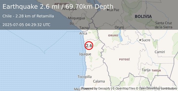 Earthquake TARAPACA, CHILE (2.6 ml) (2025-07-05 04:29:32 UTC)