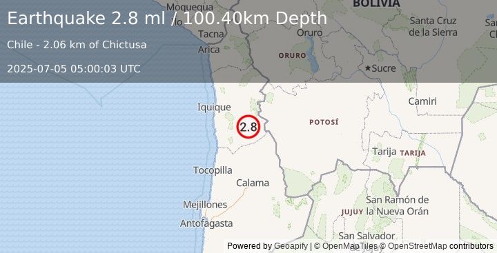 Earthquake TARAPACA, CHILE (2.8 ml) (2025-07-05 05:00:03 UTC)