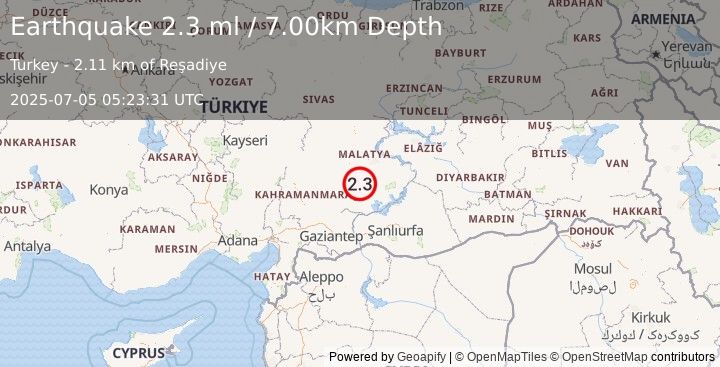 Earthquake EASTERN TURKEY (2.3 ml) (2025-07-05 05:23:31 UTC)