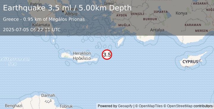 Earthquake DODECANESE ISLANDS, GREECE (3.5 ml) (2025-07-05 06:22:08 UTC)