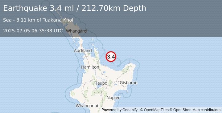 Earthquake NORTH ISLAND OF NEW ZEALAND (3.4 ml) (2025-07-05 06:35:38 UTC)