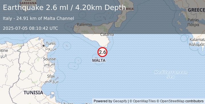 Earthquake SICILY, ITALY (2.6 ml) (2025-07-05 08:10:42 UTC)