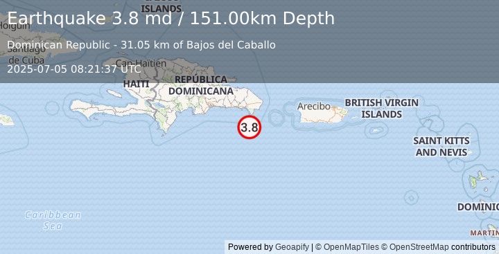 Earthquake DOMINICAN REPUBLIC REGION (3.8 md) (2025-07-05 08:21:37 UTC)