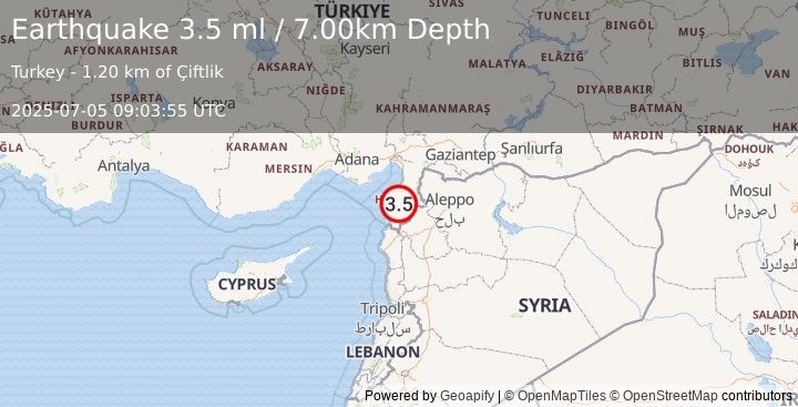 Earthquake TURKEY-SYRIA BORDER REGION (3.5 ml) (2025-07-05 09:03:55 UTC)