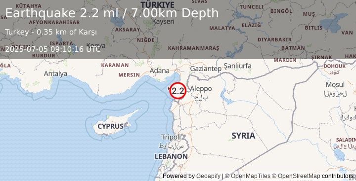 Earthquake TURKEY-SYRIA BORDER REGION (2.2 ml) (2025-07-05 09:10:16 UTC)