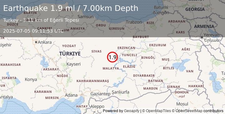 Earthquake EASTERN TURKEY (1.9 ml) (2025-07-05 09:11:53 UTC)