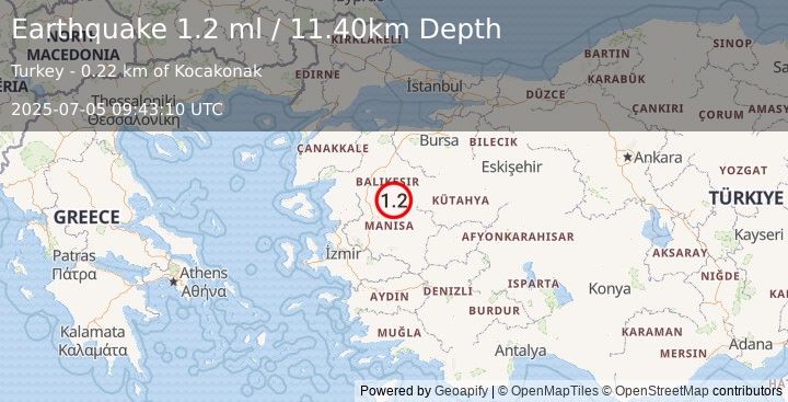 Earthquake WESTERN TURKEY (1.2 ml) (2025-07-05 09:43:10 UTC)
