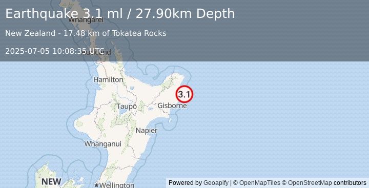 Earthquake OFF E. COAST OF N. ISLAND, N.Z. (3.1 ml) (2025-07-05 10:08:35 UTC)