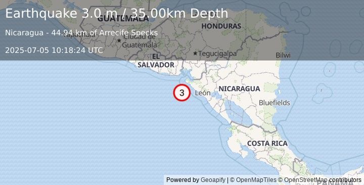 Earthquake NEAR COAST OF NICARAGUA (3.0 m) (2025-07-05 10:18:24 UTC)