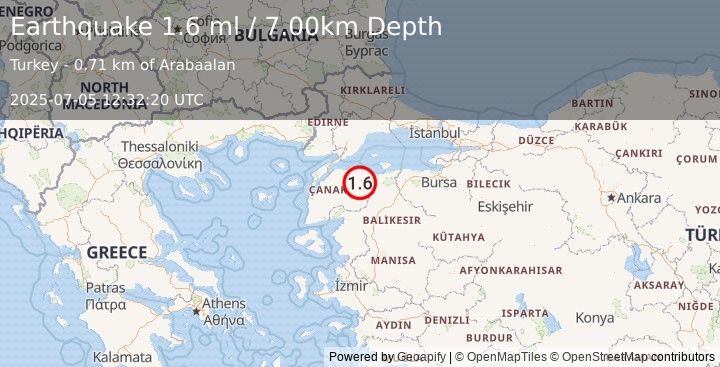 Earthquake WESTERN TURKEY (1.6 ml) (2025-07-05 12:32:20 UTC)
