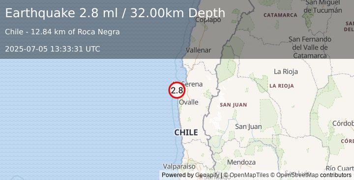 Earthquake OFFSHORE COQUIMBO, CHILE (2.8 ml) (2025-07-05 13:33:31 UTC)