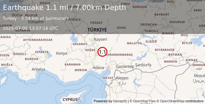 Earthquake CENTRAL TURKEY (1.1 ml) (2025-07-05 13:07:16 UTC)