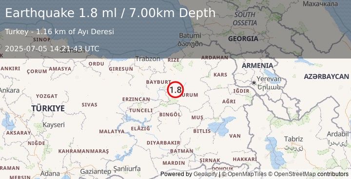 Earthquake EASTERN TURKEY (1.8 ml) (2025-07-05 14:21:43 UTC)
