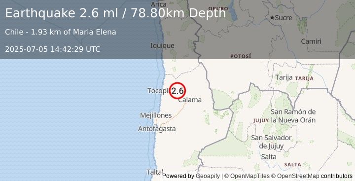 Earthquake ANTOFAGASTA, CHILE (2.6 ml) (2025-07-05 14:42:29 UTC)