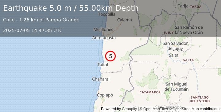 Earthquake ANTOFAGASTA, CHILE (4.9 mb) (2025-07-05 14:47:33 UTC)