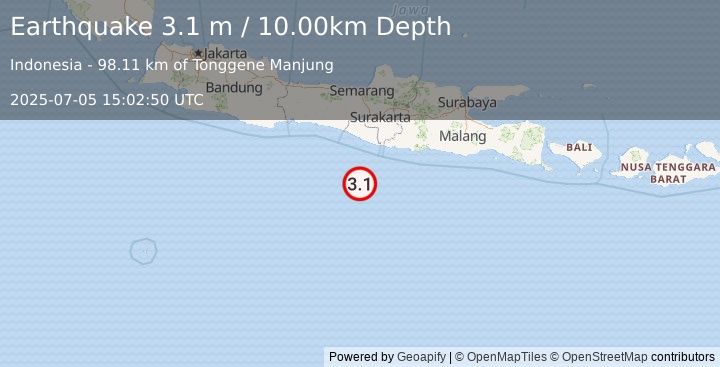 Earthquake SOUTH OF JAVA, INDONESIA (3.1 m) (2025-07-05 15:02:50 UTC)