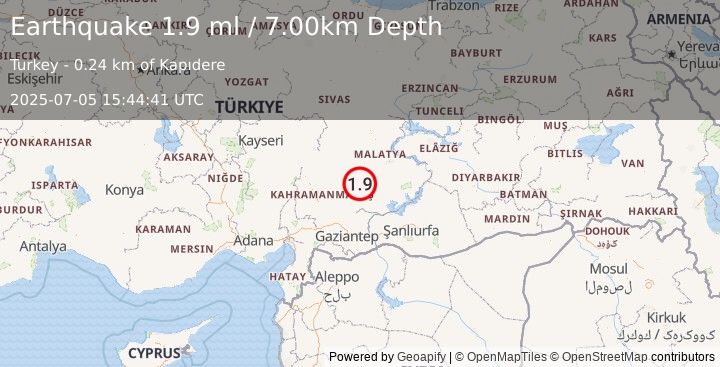 Earthquake CENTRAL TURKEY (1.9 ml) (2025-07-05 15:44:41 UTC)