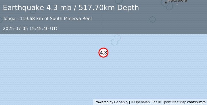 Earthquake SOUTH OF FIJI ISLANDS (4.3 mb) (2025-07-05 15:45:40 UTC)