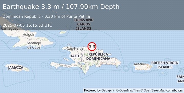 Earthquake DOMINICAN REPUBLIC REGION (3.3 m) (2025-07-05 16:15:53 UTC)