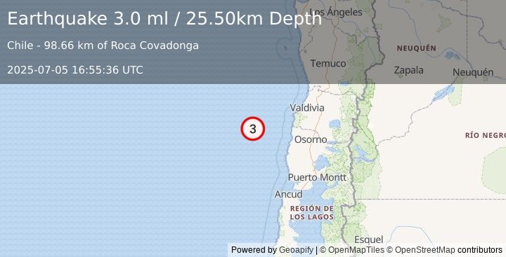 Earthquake OFFSHORE LOS LAGOS, CHILE (3.0 ml) (2025-07-05 16:55:36 UTC)