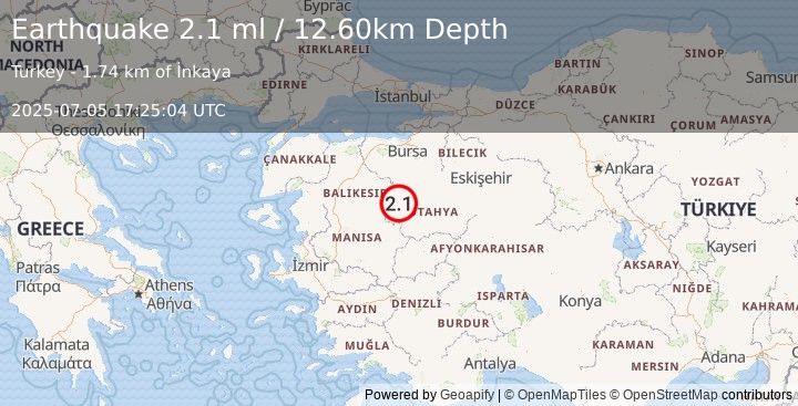 Earthquake WESTERN TURKEY (2.1 ml) (2025-07-05 17:25:04 UTC)