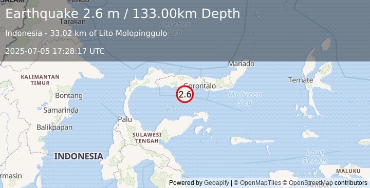 Earthquake MINAHASA, SULAWESI, INDONESIA (2.6 m) (2025-07-05 17:28:17 UTC)