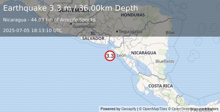Earthquake NEAR COAST OF NICARAGUA (3.3 m) (2025-07-05 18:13:10 UTC)