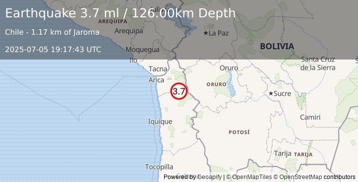 Earthquake TARAPACA, CHILE (3.7 ml) (2025-07-05 19:17:43 UTC)