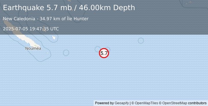 Earthquake SOUTHEAST OF LOYALTY ISLANDS (5.3 mw) (2025-07-05 19:47:27 UTC)