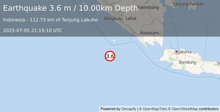 Earthquake SOUTHWEST OF SUMATRA, INDONESIA (3.6 m) (2025-07-05 21:19:10 UTC)