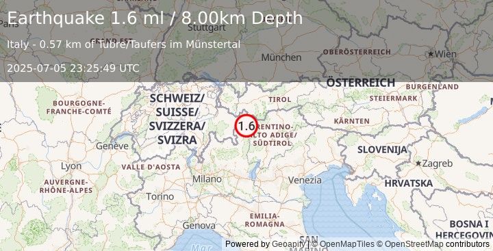 Earthquake NORTHERN ITALY (1.6 ml) (2025-07-05 23:25:49 UTC)
