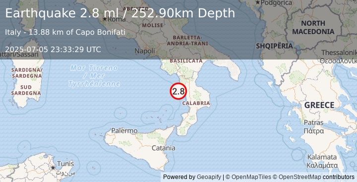 Earthquake SOUTHERN ITALY (2.8 ml) (2025-07-05 23:33:29 UTC)