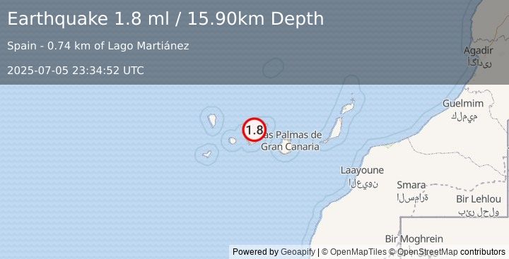 Earthquake CANARY ISLANDS, SPAIN REGION (1.8 ml) (2025-07-05 23:34:52 UTC)