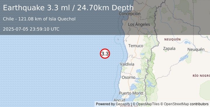 Earthquake OFF COAST OF LOS LAGOS, CHILE (3.3 ml) (2025-07-05 23:59:10 UTC)