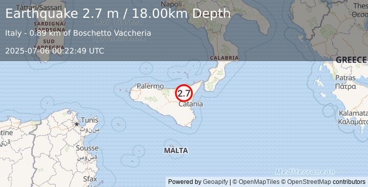 Earthquake SICILY, ITALY (3.2 ml) (2025-07-06 00:22:50 UTC)