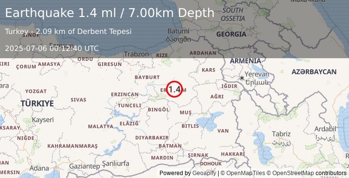 Earthquake EASTERN TURKEY (1.4 ml) (2025-07-06 00:12:40 UTC)