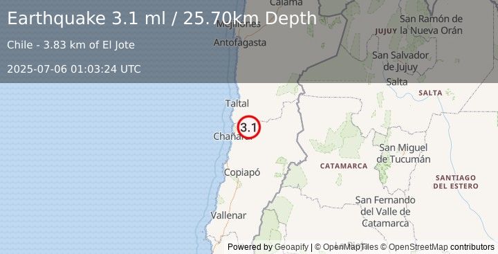 Earthquake OFFSHORE ANTOFAGASTA, CHILE (2.7 ml) (2025-07-06 01:03:25 UTC)