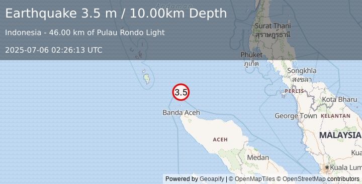 Earthquake NICOBAR ISLANDS, INDIA REGION (3.5 m) (2025-07-06 02:26:13 UTC)