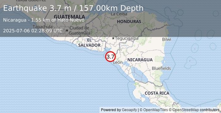 Earthquake NEAR COAST OF NICARAGUA (3.7 m) (2025-07-06 02:28:09 UTC)