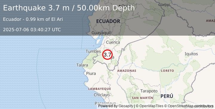 Earthquake NEAR COAST OF ECUADOR (3.9 m) (2025-07-06 03:40:23 UTC)