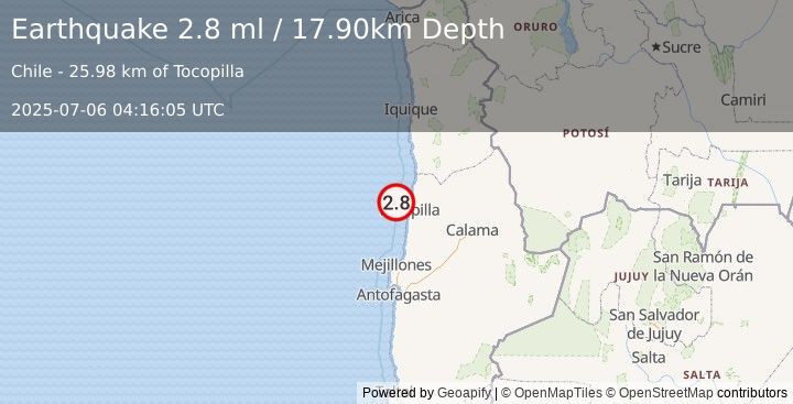 Earthquake OFFSHORE ANTOFAGASTA, CHILE (2.8 ml) (2025-07-06 04:16:05 UTC)